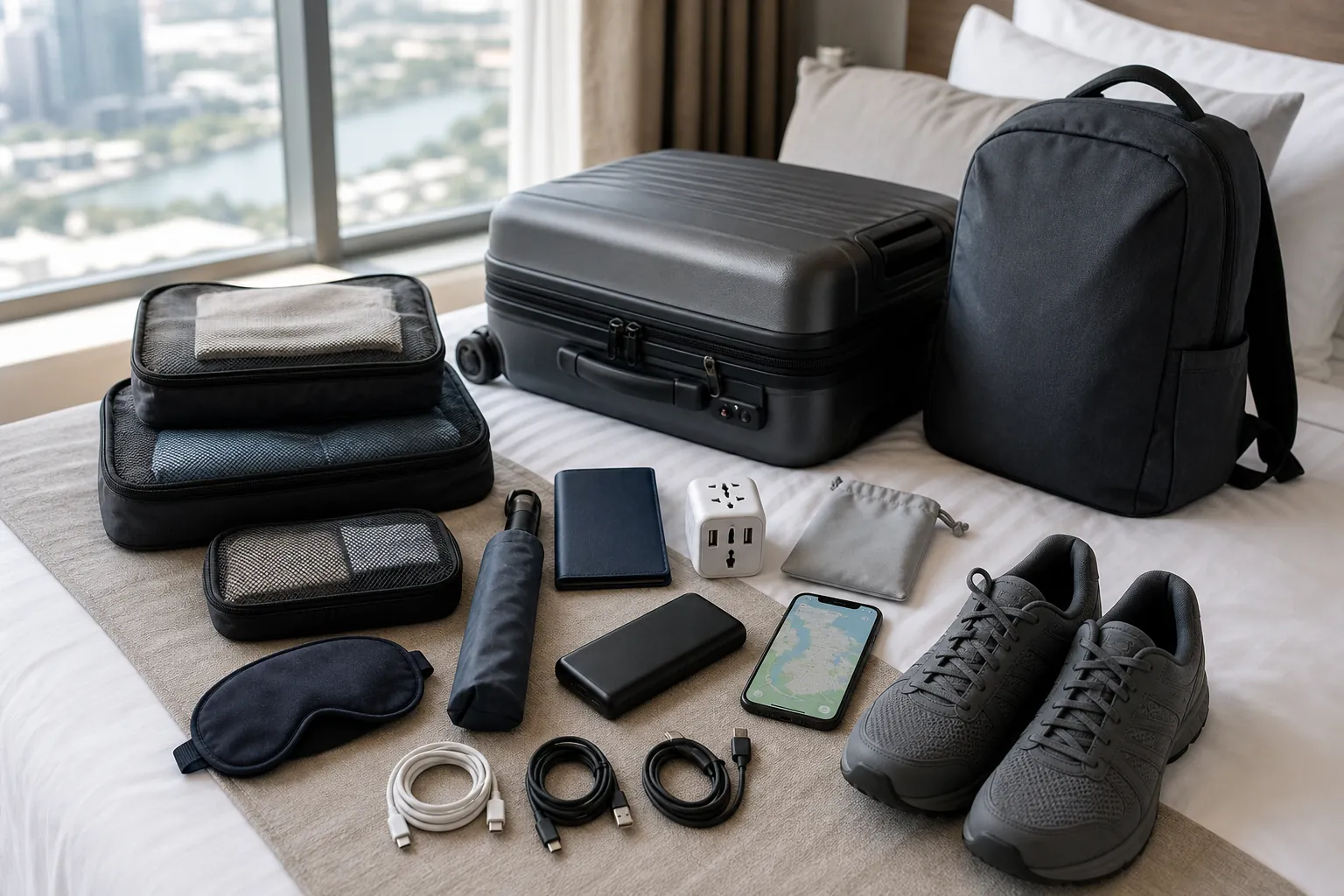 Organized travel gear for a China trip on a hotel bed